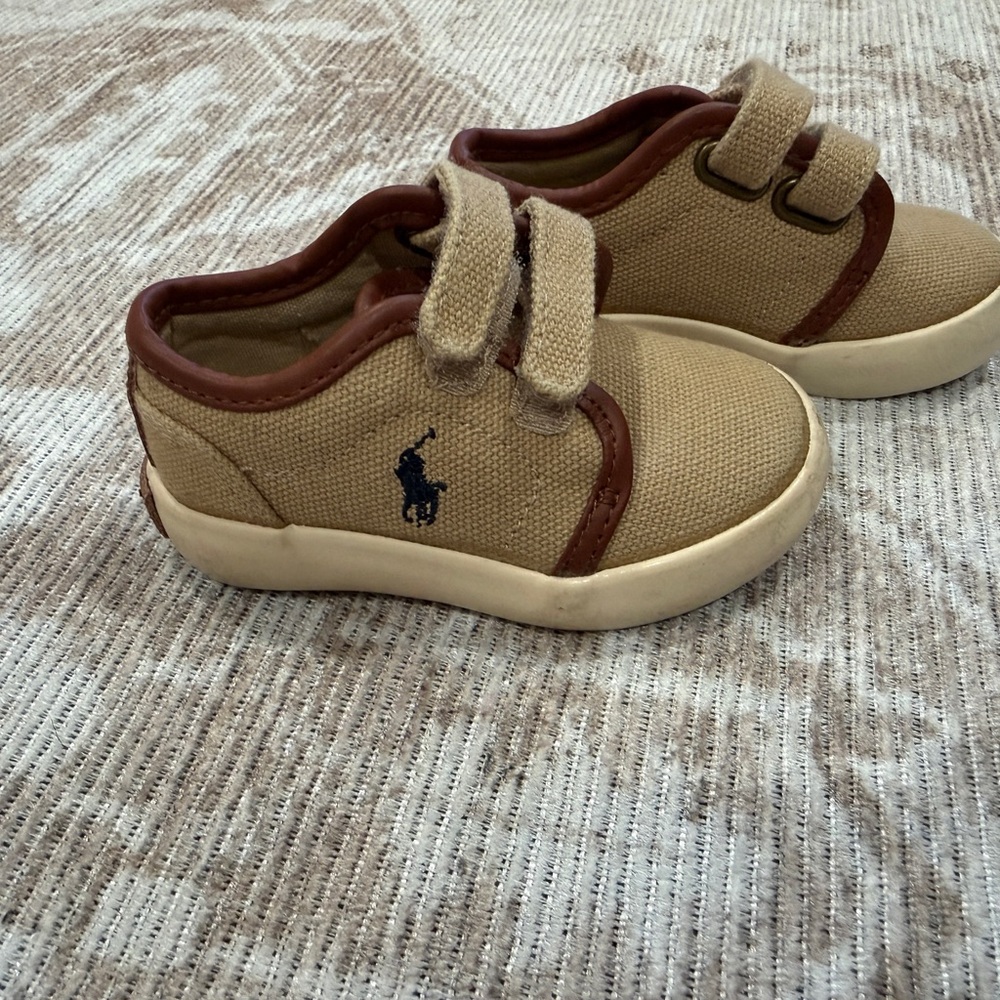 Polo by Ralph Lauren Tan Canvas Kids Velcro Sneakers with Navy Logo